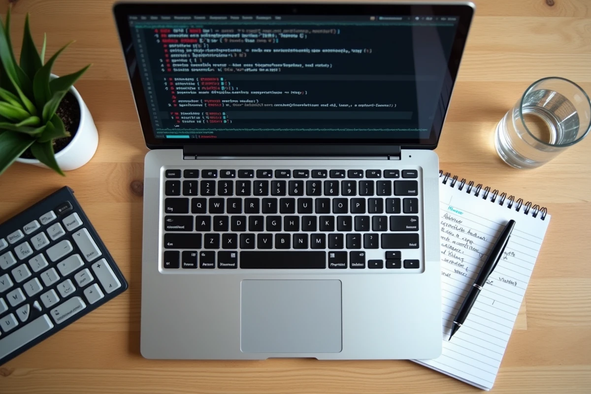 Vue aérienne d'un laptop Windows affichant un message d'erreur pip avec un carnet de notes de débogage