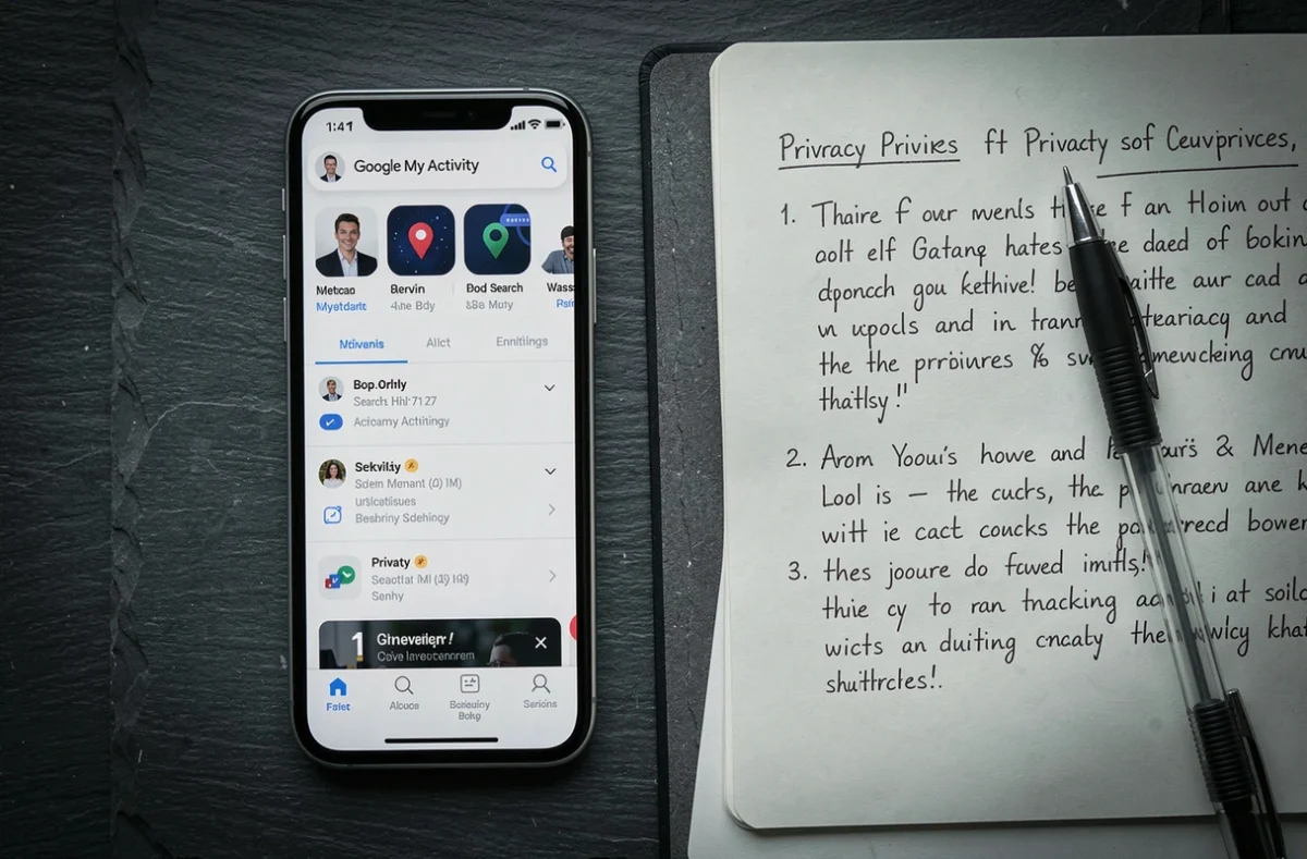 Vue aérienne d'un smartphone affichant l'historique Mon Activité Google posé à côté d'un carnet de notes sur ardoise