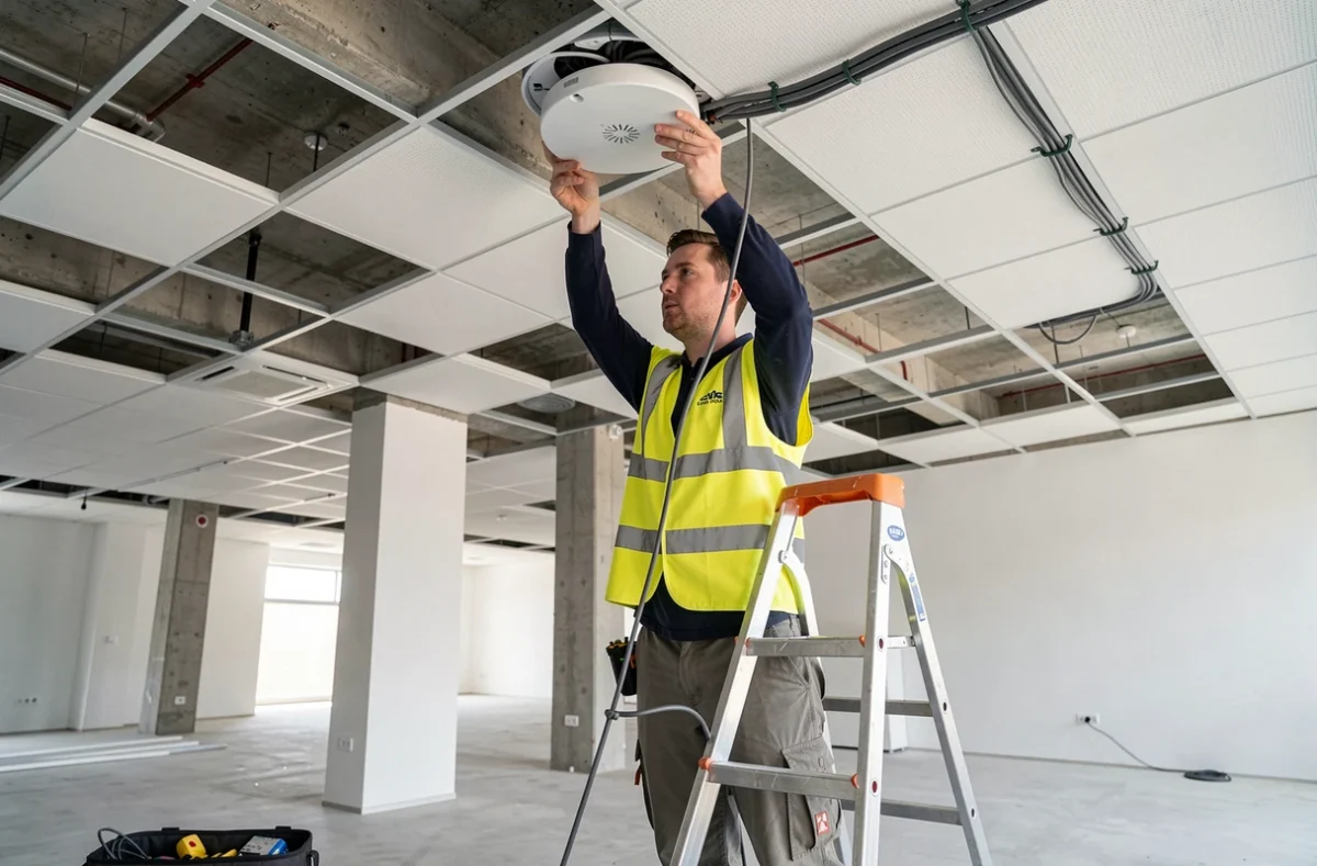 Technicien réseau installant un point d'accès Wi-Fi au plafond d'un bâtiment commercial à Clermont-Ferrand