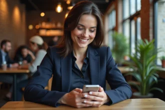 Femme professionnelle consultant son webmail académique de Rennes sur smartphone dans un café urbain