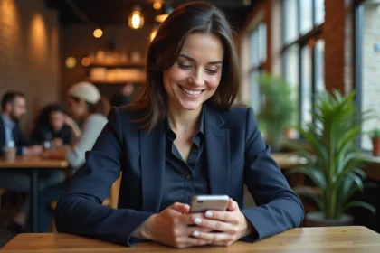 Femme professionnelle consultant son webmail académique de Rennes sur smartphone dans un café urbain