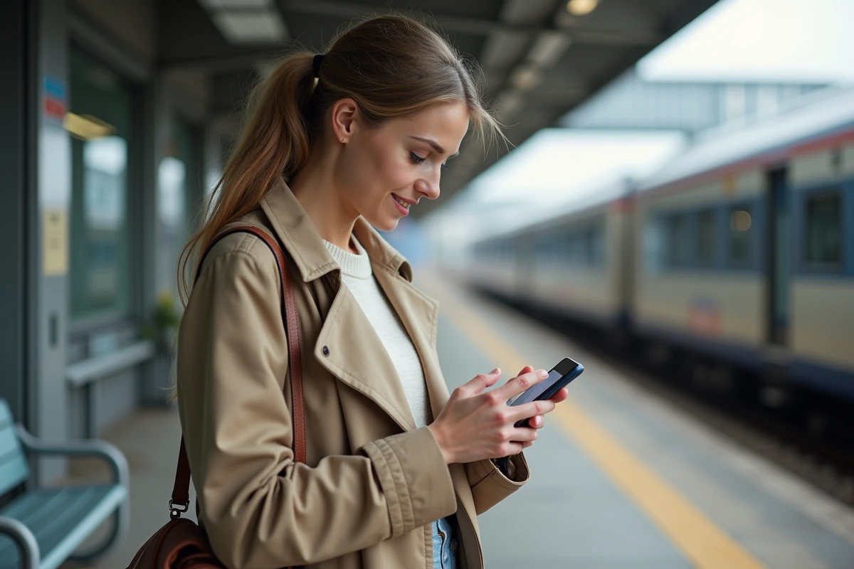 Jeune femme se connectant au webmail académique de Rennes sur smartphone depuis un quai de gare
